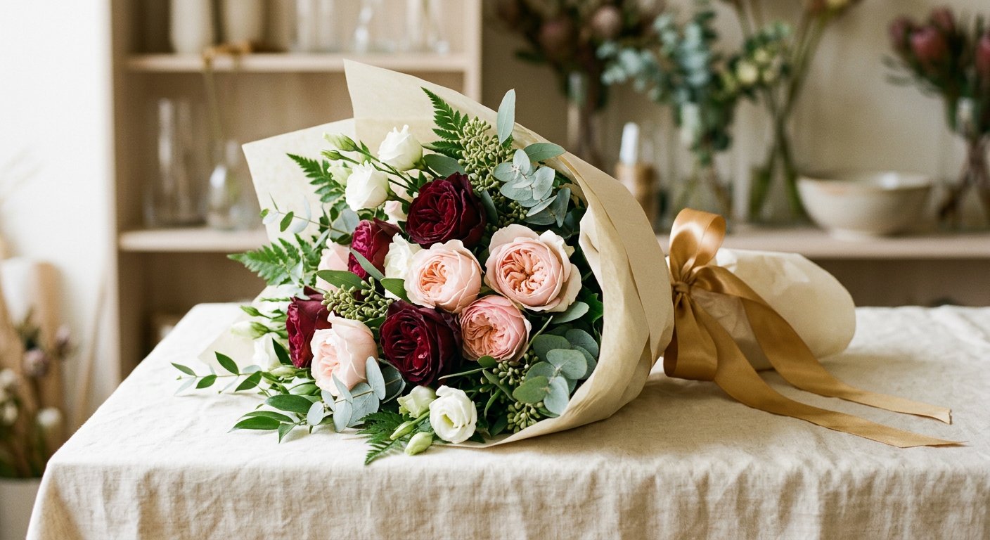 دسته‌گل رز و لیزینتوس با روبان طلایی